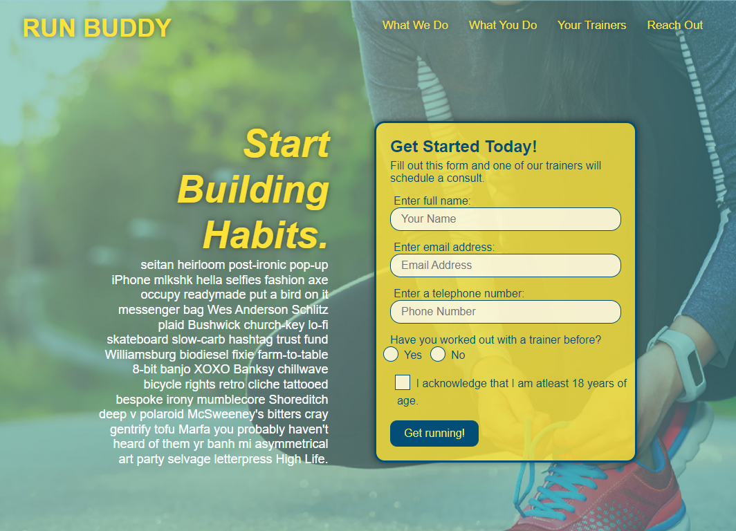 A screenshot of the main page for the website, Run Buddy.